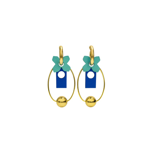 Clover Arc mint-green floral and blue drop earrings with gold oval hoop by ISLI Studio