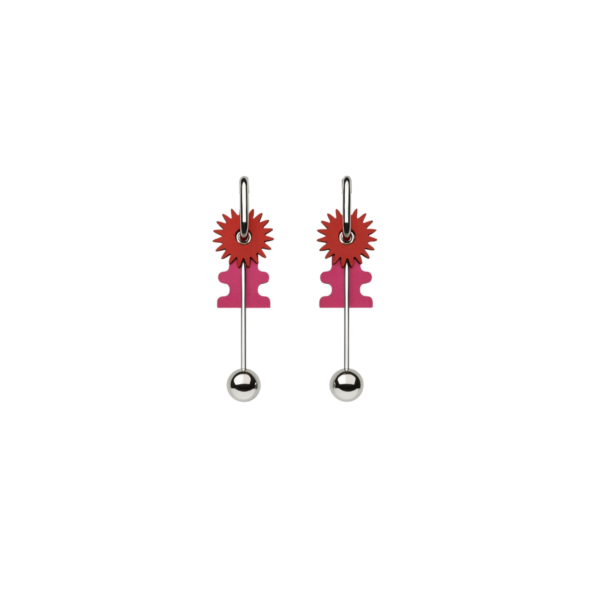 Pendullum Azul earrings with coral sunburst, fuchsia shape and silver bar ending in a polished sphere by ISLI Studio