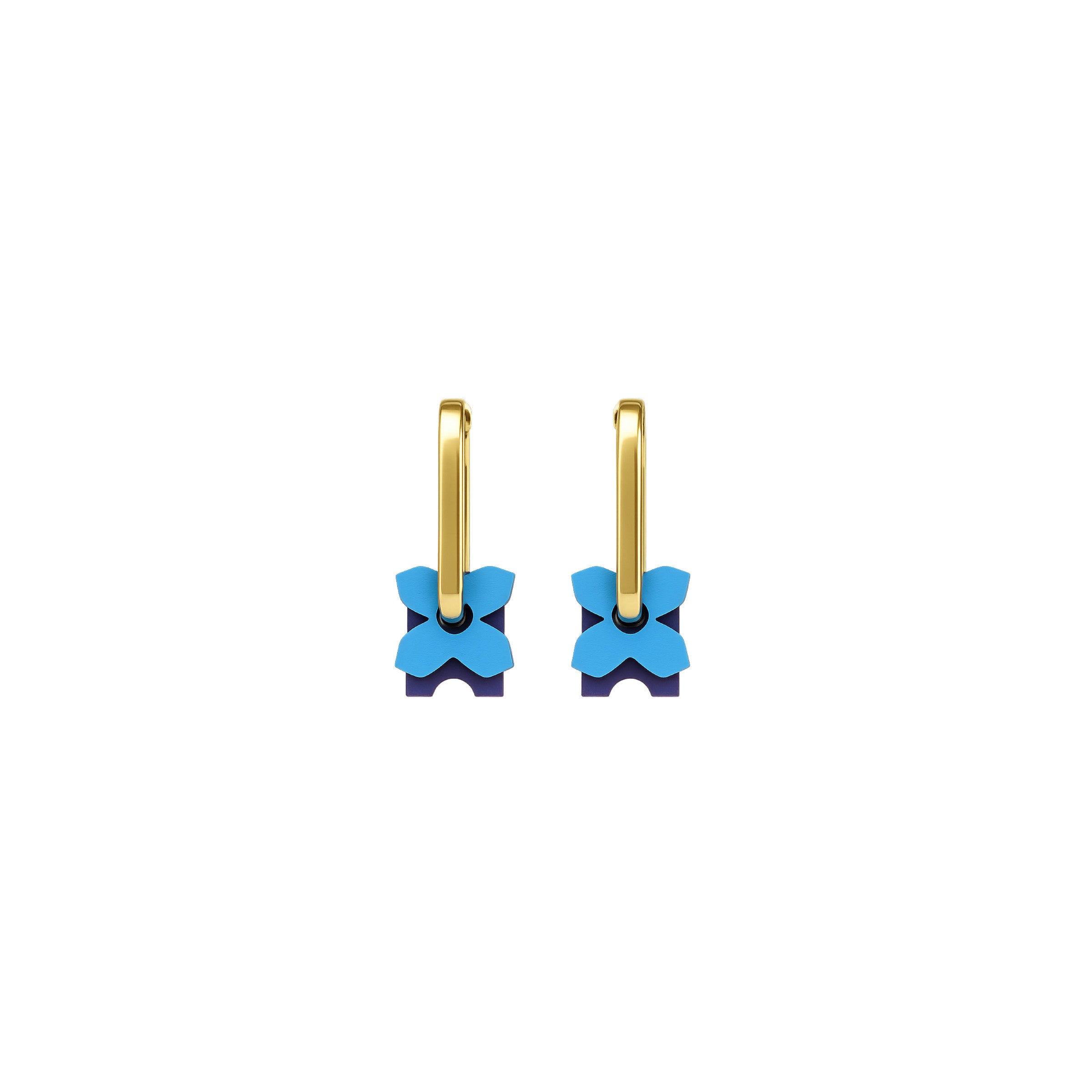 Ziri bleu earrings with cool blue floral petals layered on rich gold hoops by ISLI Studio