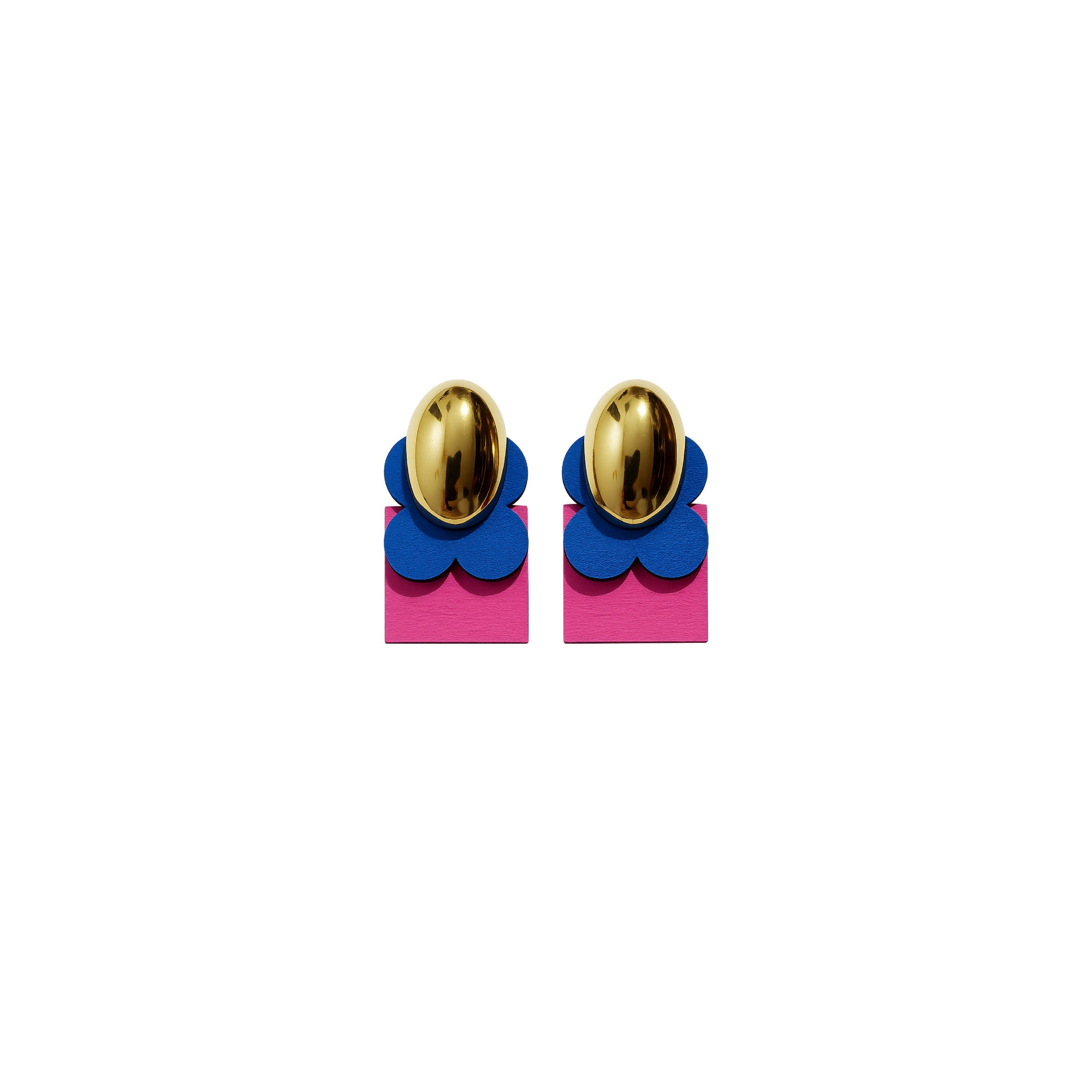 Majorelle Petal Studs earrings with a glossy gold top over layered cobalt and fuchsia shapes by ISLI Studio