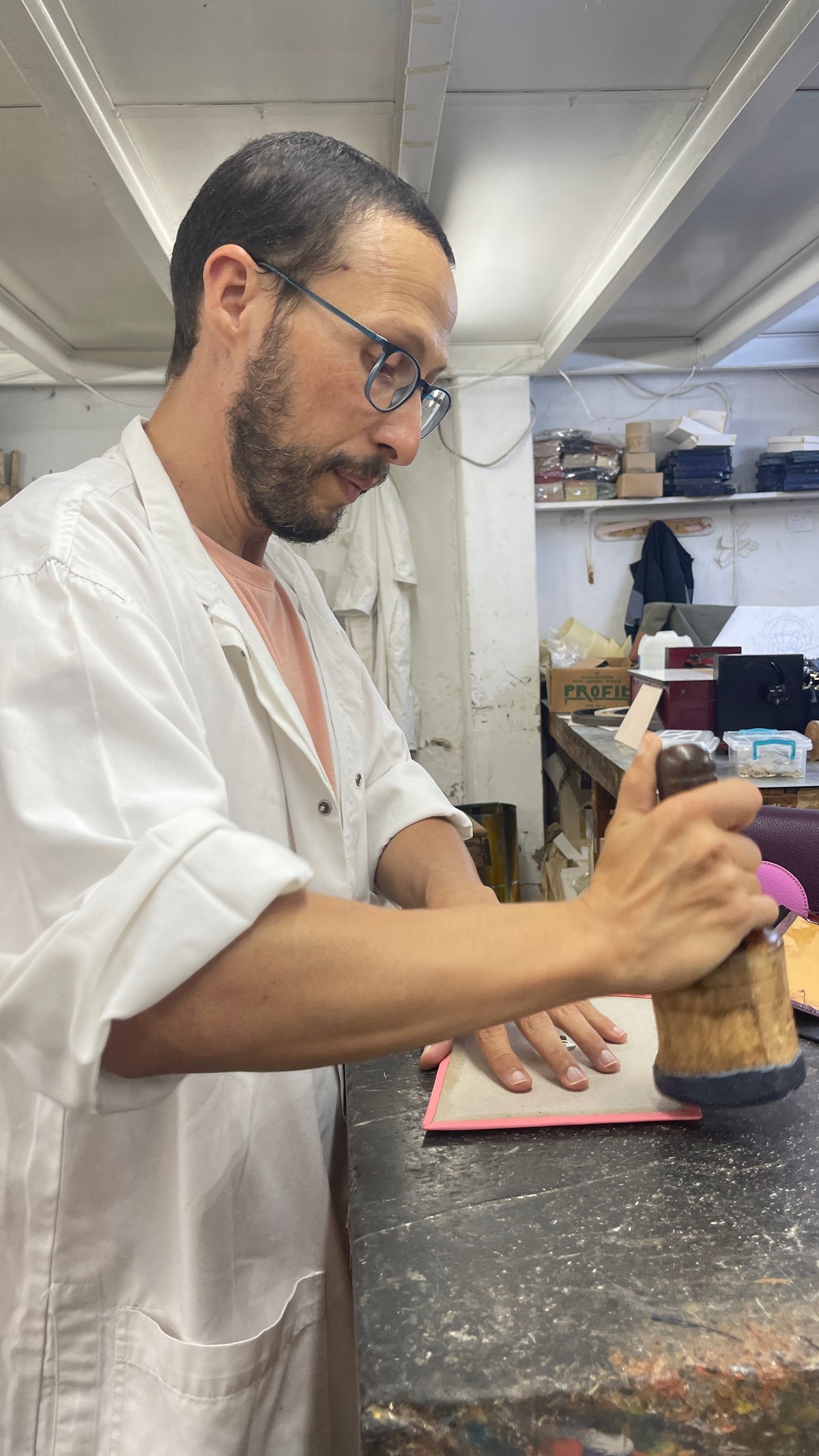 Tarik, master leatherworker, at his bench in Casablanca